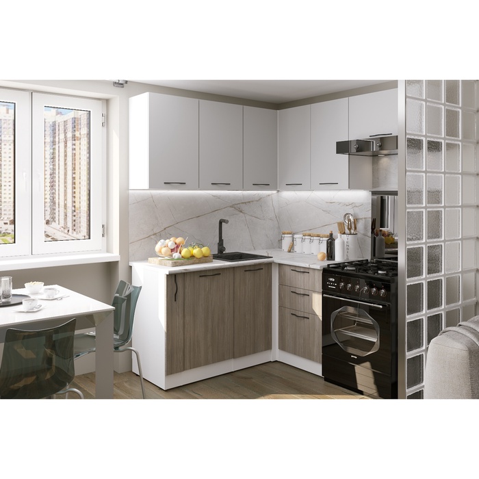 Кухонный гарнитур угловой «Парма мега прайм», 1600×1700 мм, цвет белый/шиншилла серая/джарра